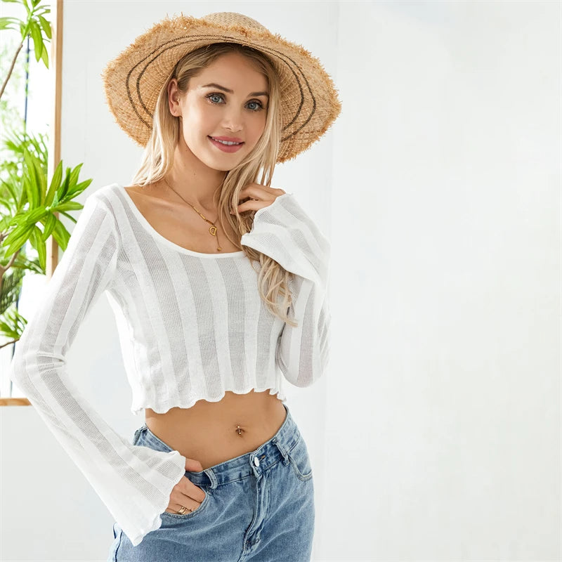 Off-Shoulder Long Sleeve Knit Crop Top “Ray”