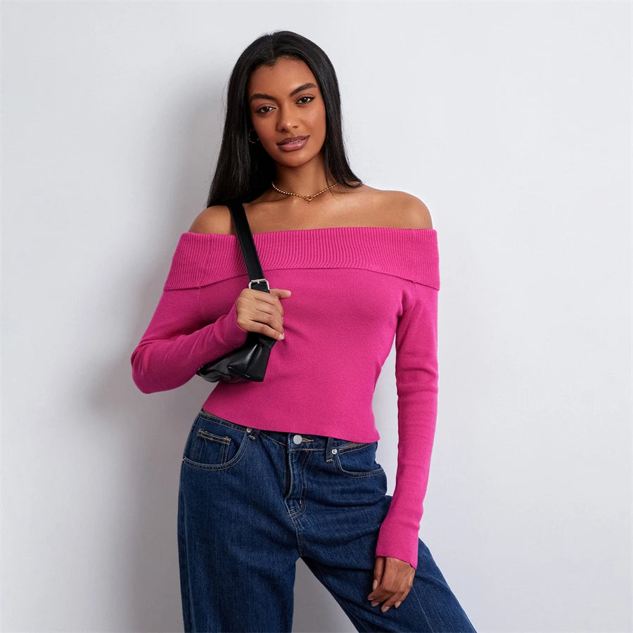 Off-Shoulder Foldover Sweater In Pink "Gia"