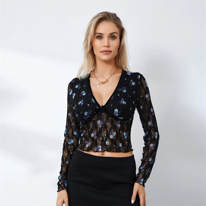 Flower Print Lace Sheer Top “Rory”