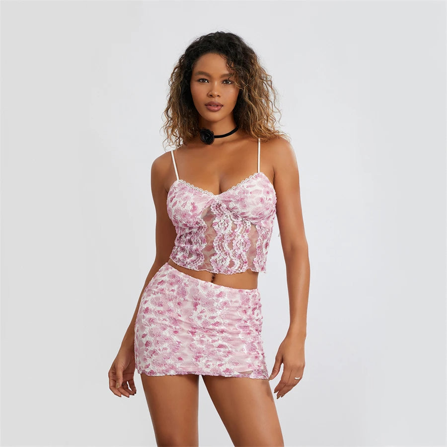 Floral Lace Patchwork Cami Top and Mini Skirt Set "Emerson"