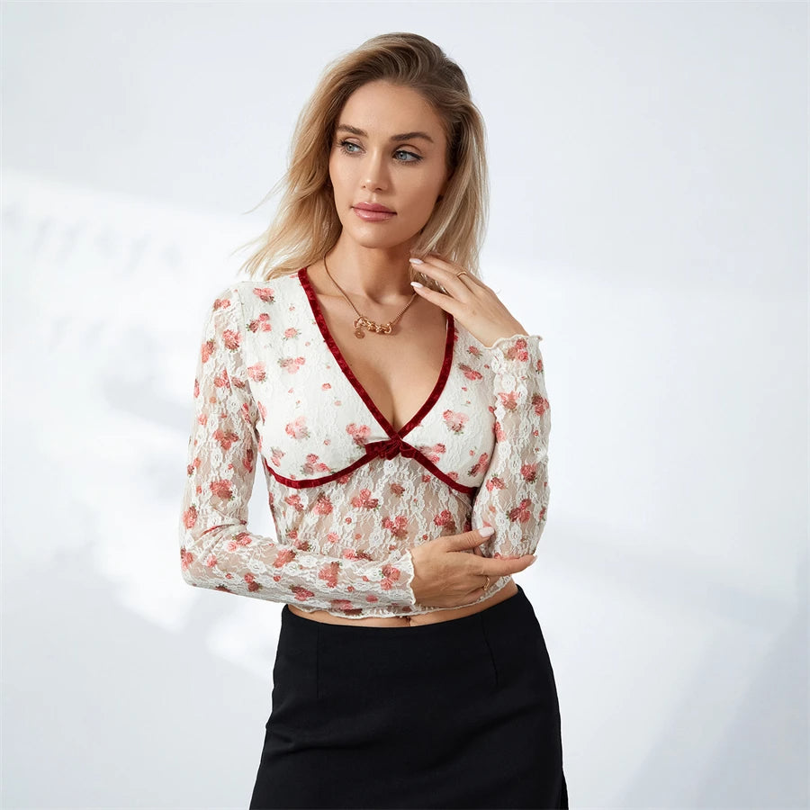 Flower Print Lace Sheer Top “Rory”
