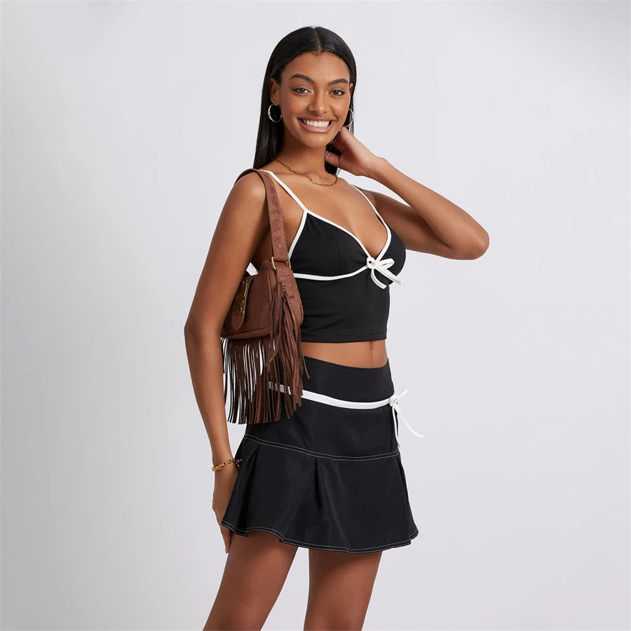 Bow V Neck Camis And Mini A-Line Skirt Set "Lucille"