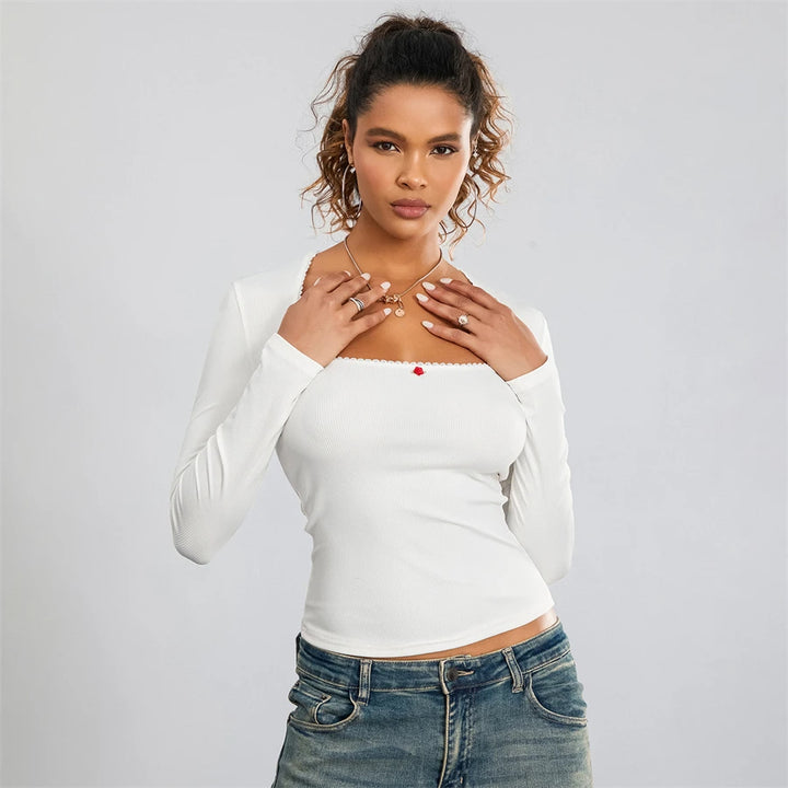 Square Neck Long Sleeve Cropped Tee “Scarlet”