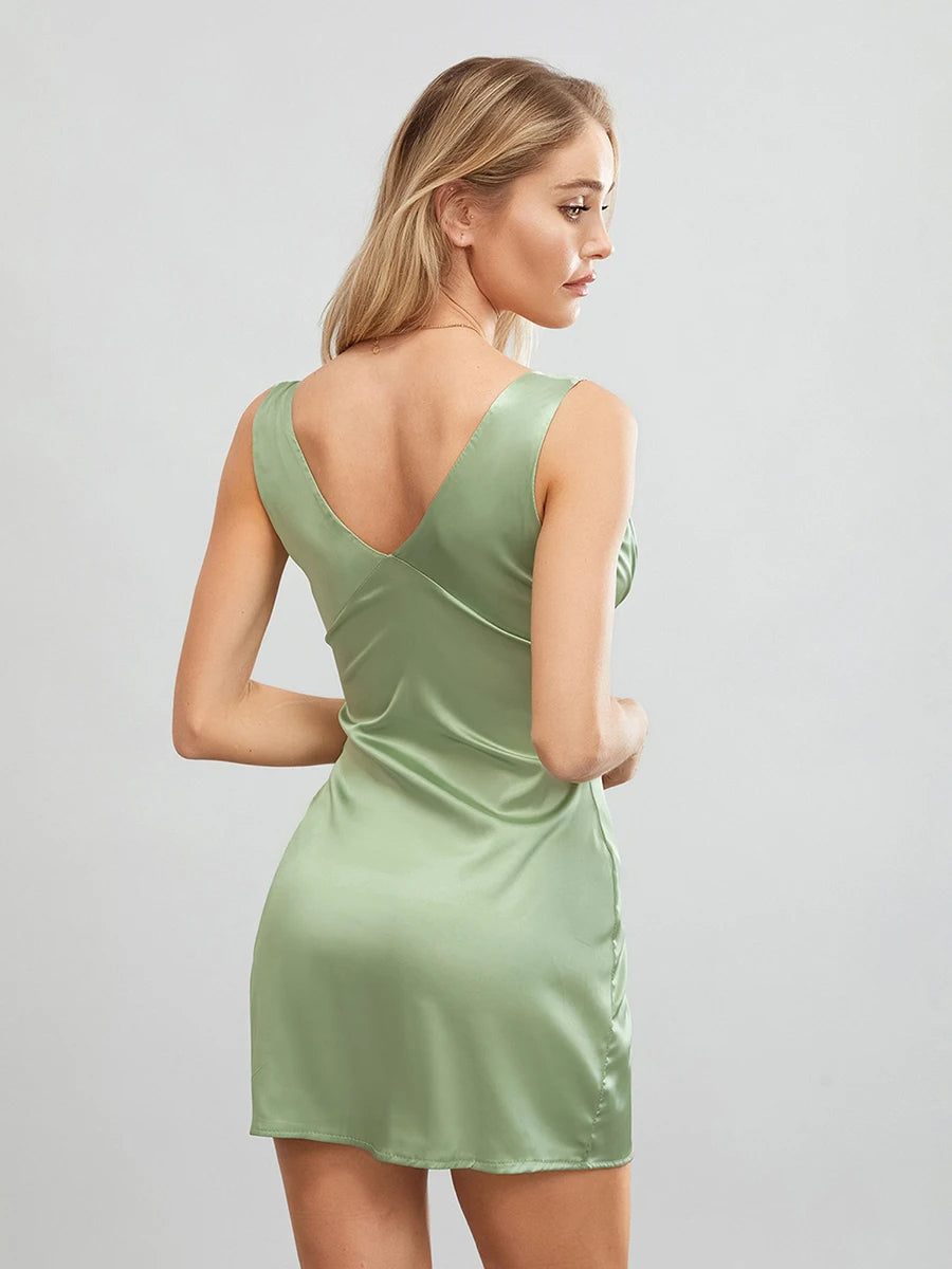 Deep V-Neck Pleated Slip Mini Dress "Juniper"
