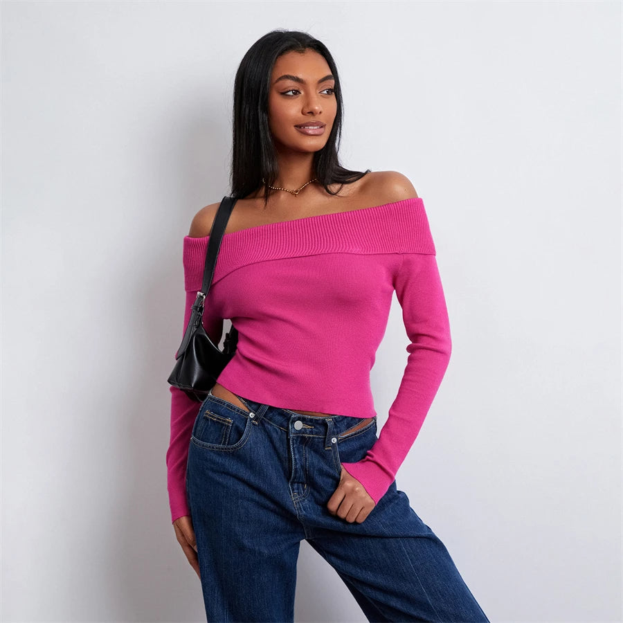 Off-Shoulder Foldover Sweater In Pink "Gia"