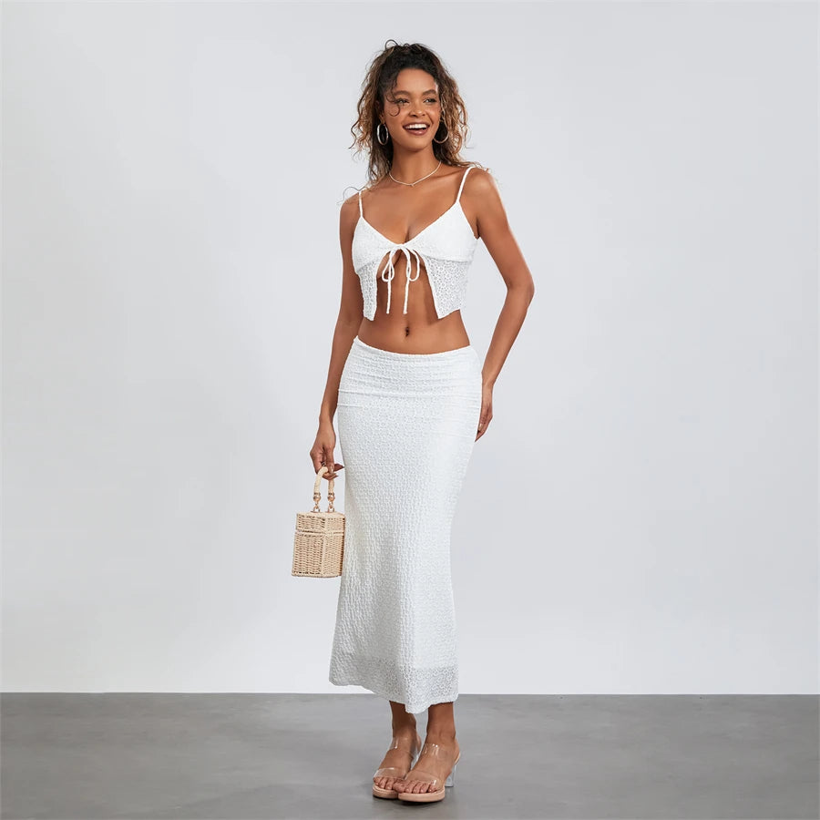 Tie-up Front Slip Cami Tops and Long Skirt Set "Linda"
