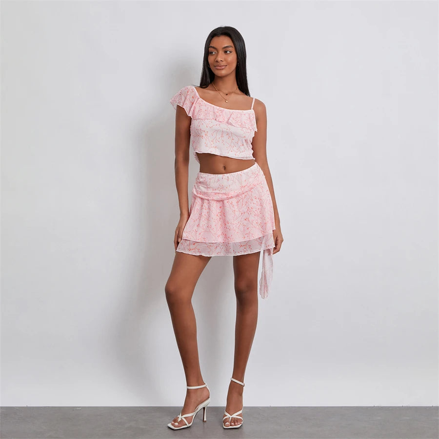 Ruffle Trim Sling Crop Cami Top Mini Skirt Set "Max"