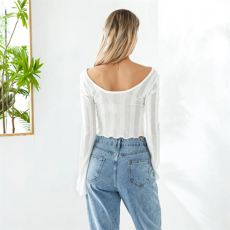 Off-Shoulder Long Sleeve Knit Crop Top “Ray”