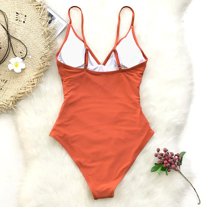 Solid Shirring One-Piece Swimsuit in Orange “Kim”